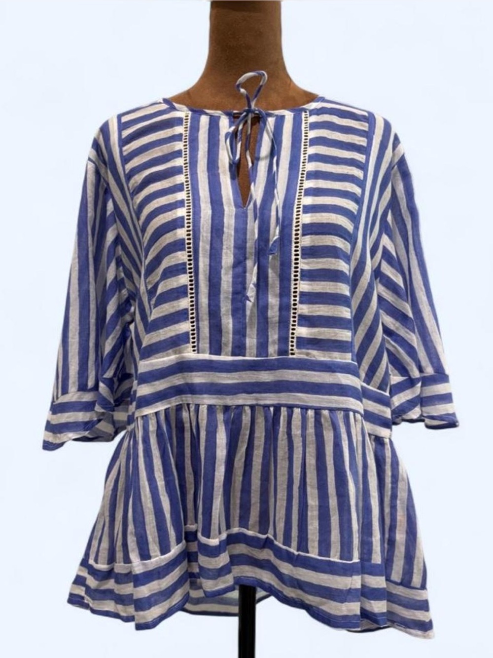 Oliphant Blue White Striped Cotton Peplum Boho Top Large $258